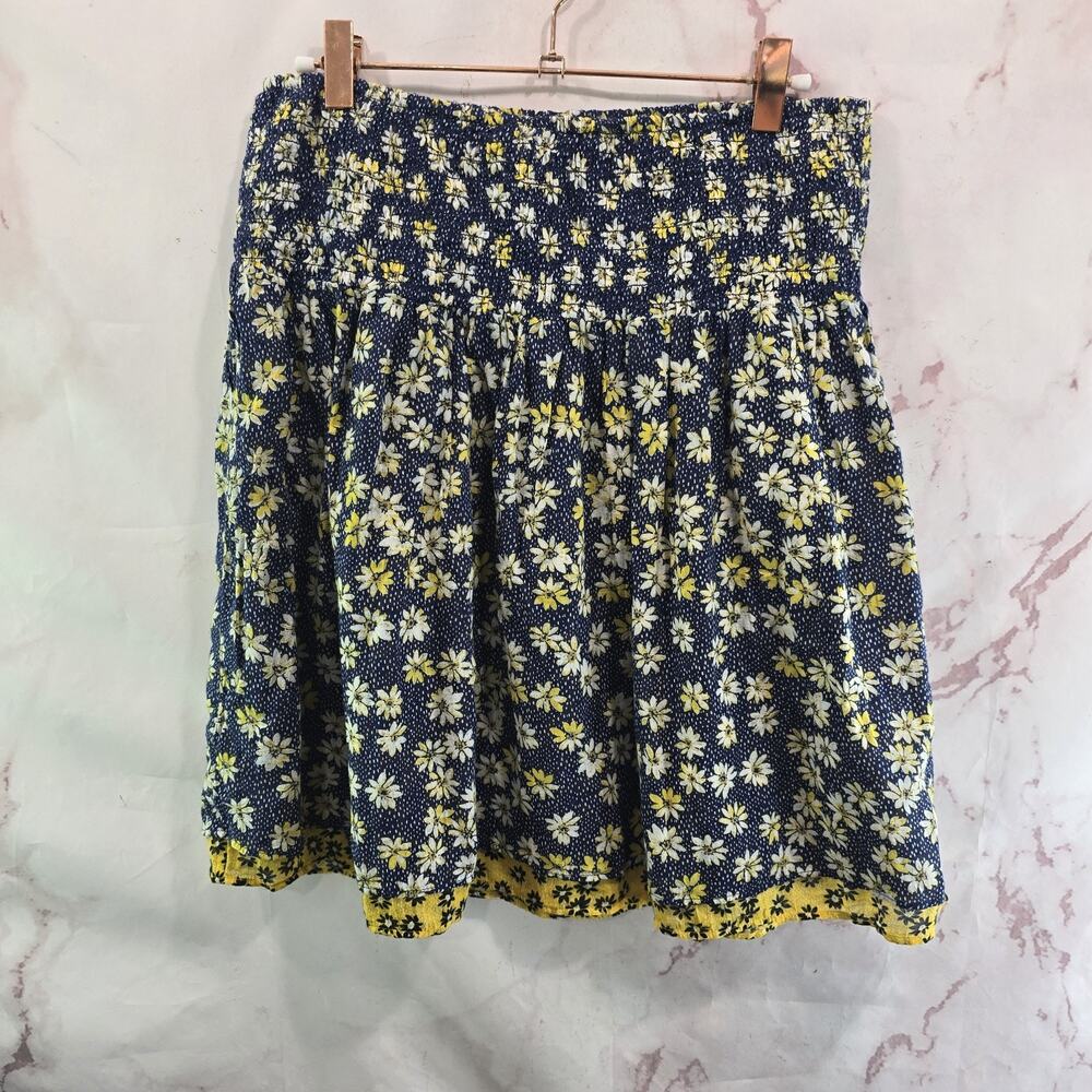 J Jill Skirt Womens Small Blue Yellow Mini Ditsy Floral Crepe Gauze Smocked Navy